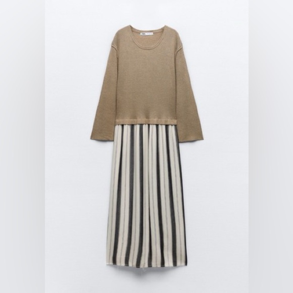 Zara Contrast Striped Knit Dress Size medium Camel Colour